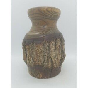 Hand Crafted Lathe Turned Mesquite Wood Vessel with Natural Bark Artist Signed